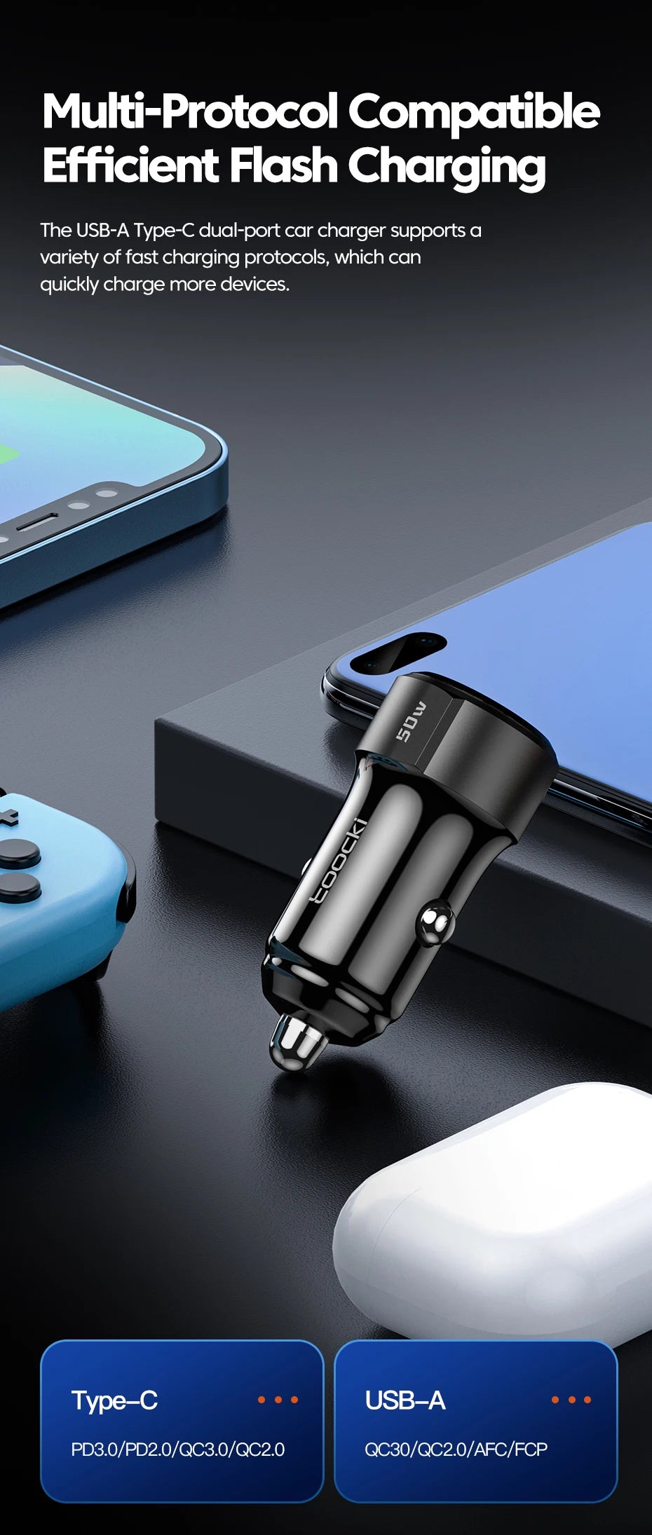 Toocki 50W QC PD 3.0 Car Charger Quick Charge 4.0 USB Type C Car Fast Charging For iPhone 12 13 14 Huawei Samsung Xiaomi POCO