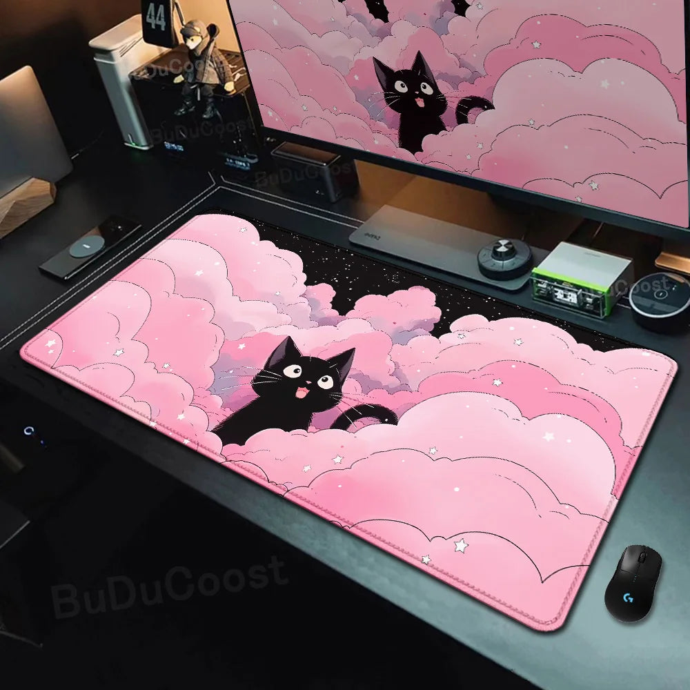 Kawaii Black Cat Mousepad Fast Delivery Keyboard Desk Mat 40x90cm Lock Edge Extend Mouse Pad Starlit Sky Office Table Protection