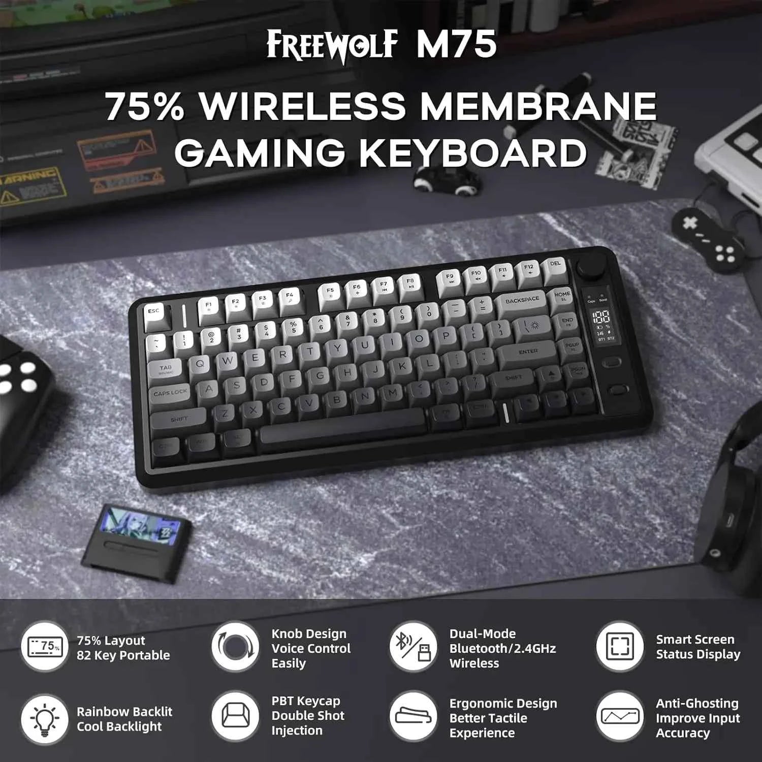 ATTACK SHARK M75 Wireless Membrane Gaming Keyboard with Knob&OLED Display Bluetooth/2.4Ghz Rainbow Backlit Gradient PBT Keycaps