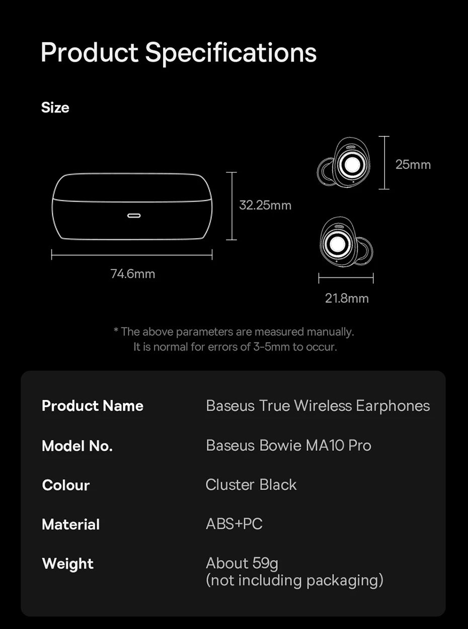 Baseus Bowie MA10 Pro ANC Wireless Earphones 48dB Hybrid ANC Bluetooth 5.3 Earbuds IPX6 Waterproof 4-Mics ENC Sports Headphones