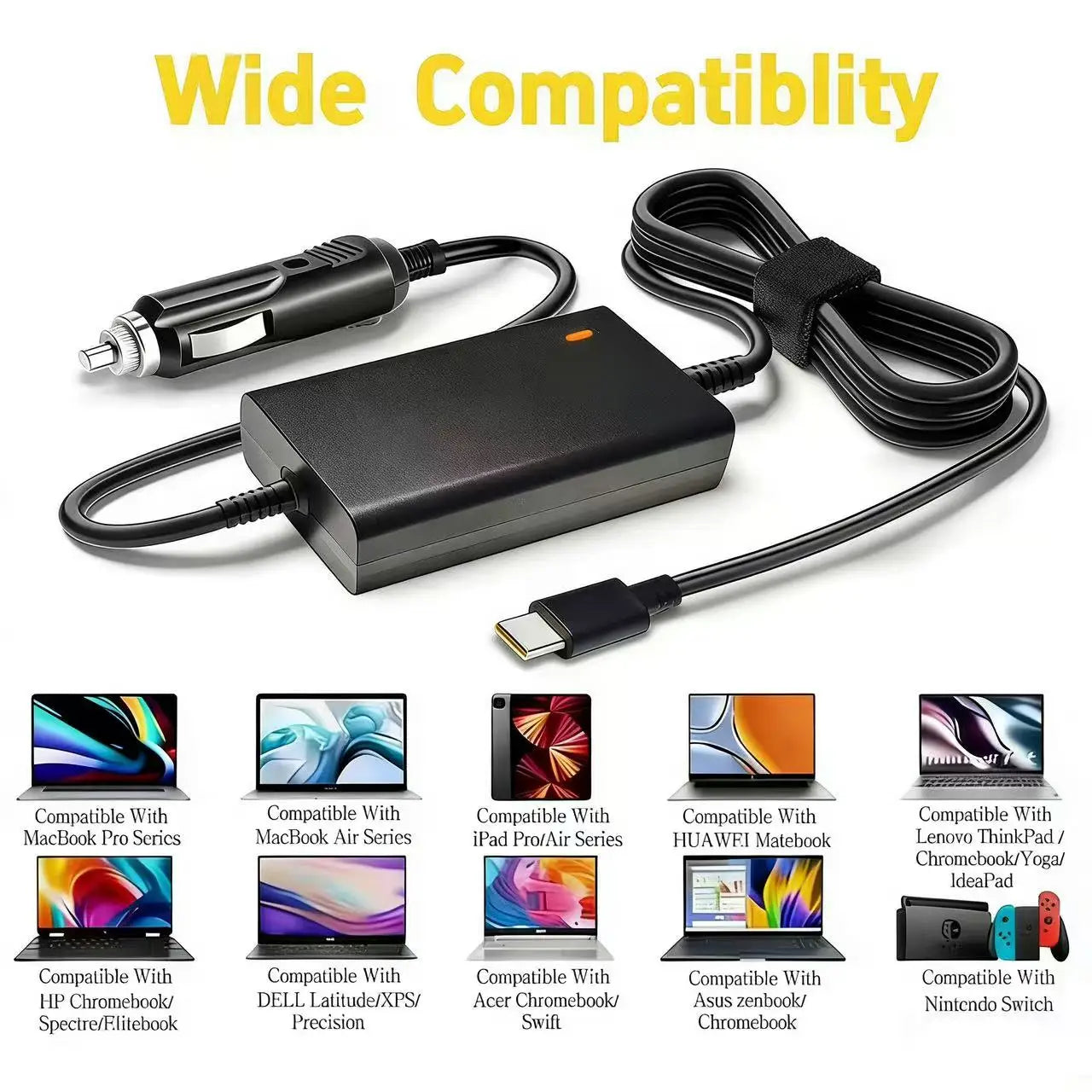 100W USB-C Car Charger, 5V/9V/12V/15V 3A, 20V 5A, PD Fast Charger for MacBook, Laptop, Tablet, Phone, Huawei, Lenovo, Dell, HP,