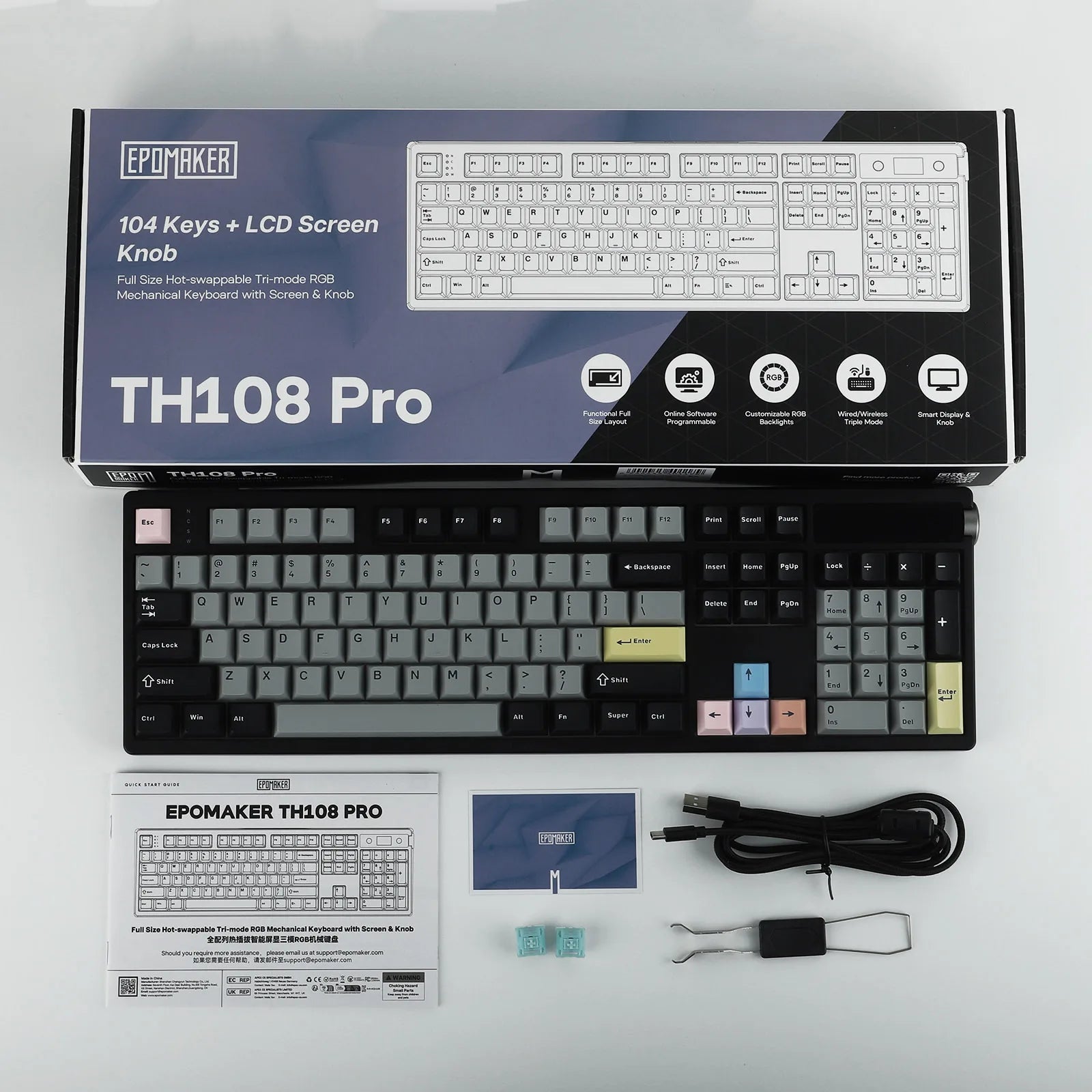EPOMAKER TH108 PRO 100% Gasket-Mounted Tri-Mode Wireless Mechanical Keyboard RGB Backlight with TFT Smart Display & Knob