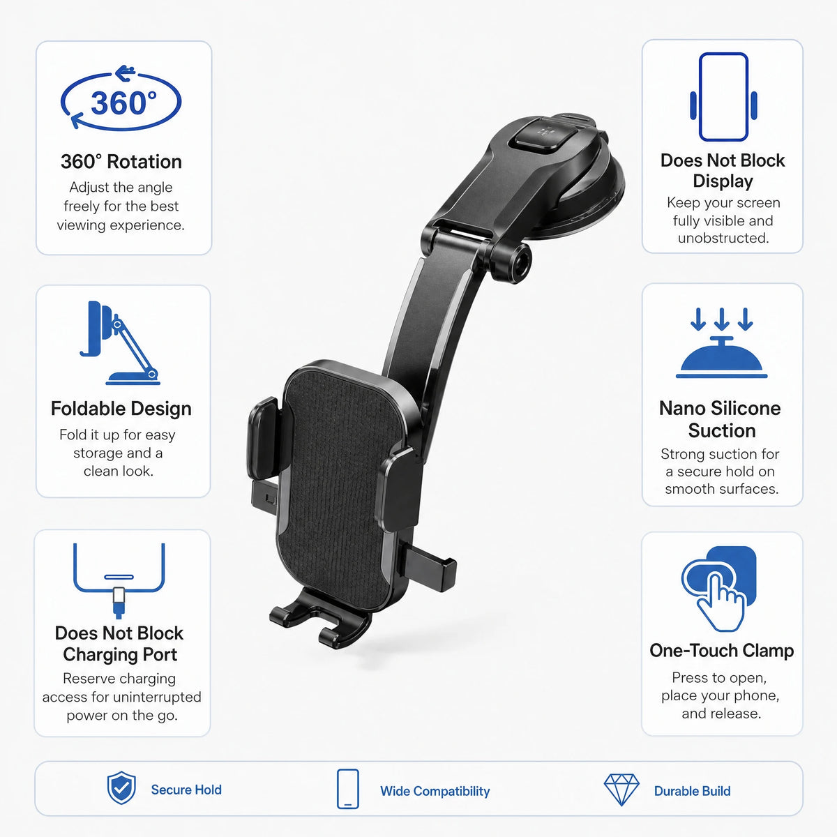 Car Phone Holder – Nano Flexible Silicone, 360° Rotation, Doesn't Block Screen,  Compatible with BlackBerry.
