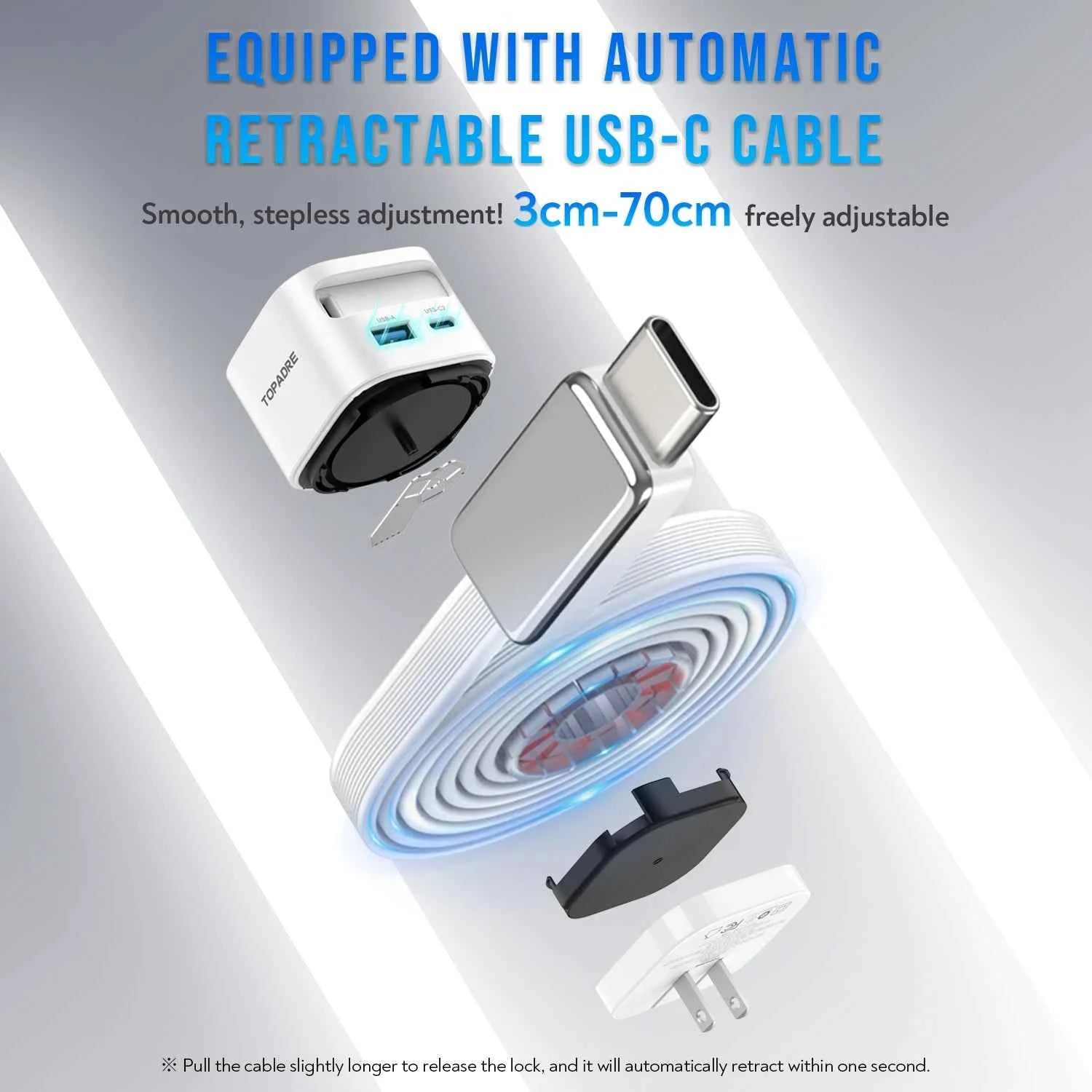 35W GaN Fast Charger with Retractable Cable, Foldable Plug, Quick Charging Block, for iPhone , Samsung , iPad, Android Phones