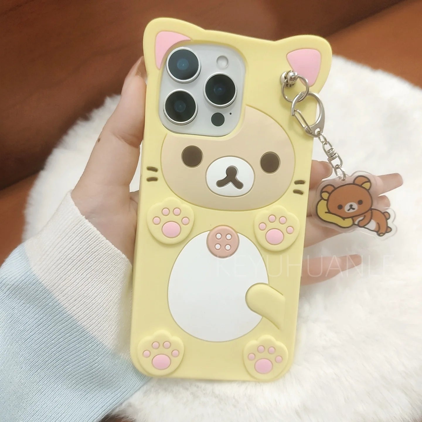Cute Cartoon 3D Rilakkuma Phone Case For iPhone 17 16 15 14 13 12 11 Pro X XS Max XR 6 7 8 Plus 5 5S SE Key Chain Pendant Cover