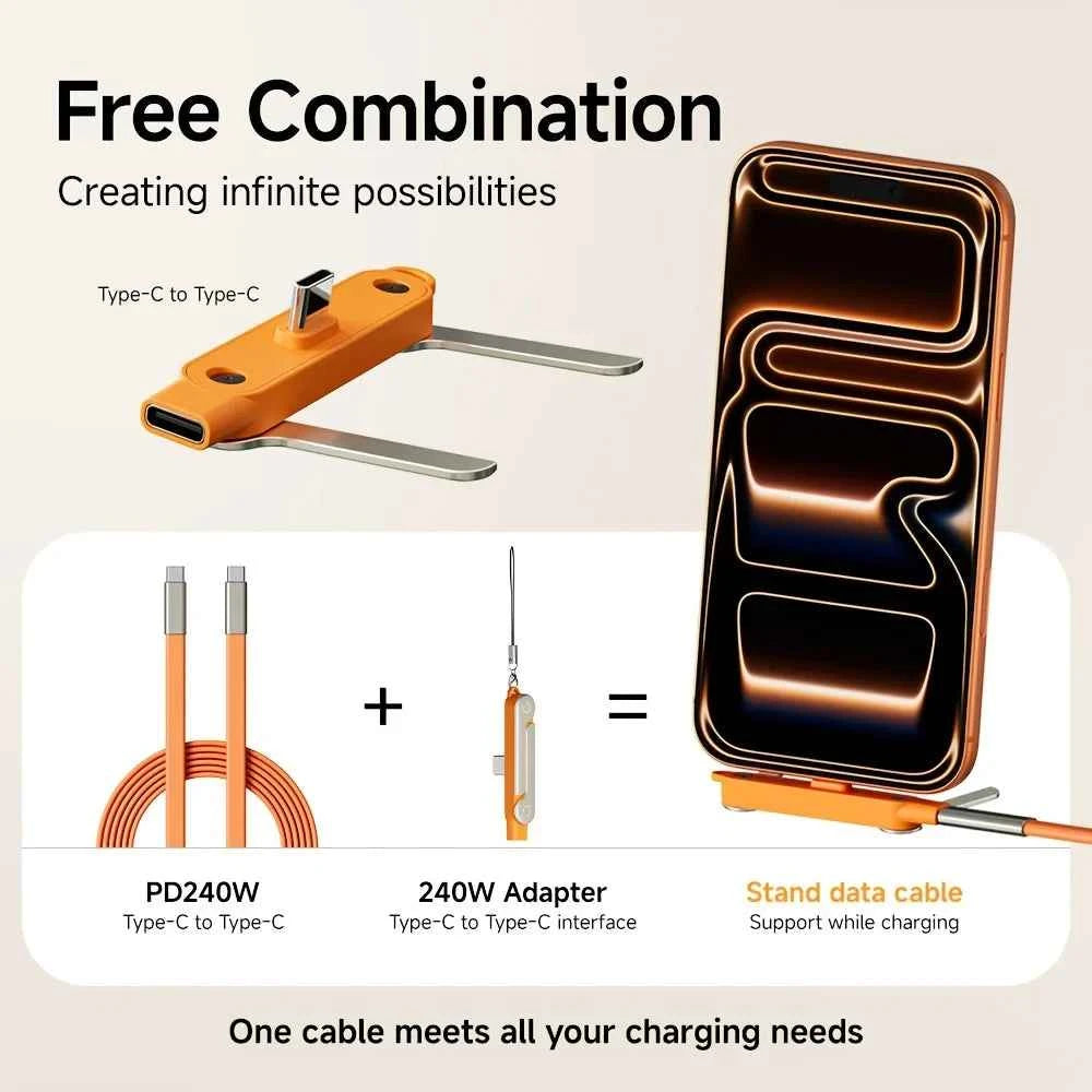 240W 2-in-1 Black/Orange Fast Charging Foldable Bracket Data Cable Type-C to Type-C Data Wire with Phone Tablet Stand
