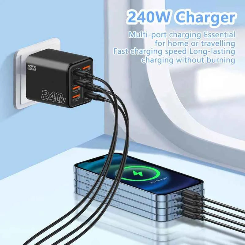 240W GaN USB C Charger 8 in 1 Fast Charging Phone Charger Power Adapter For iPhone Xiaomi Type C EU/US/UK Plug Wall Charger