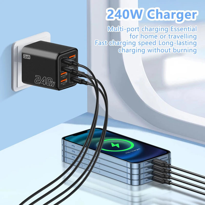 240W GaN USB C Charger 8 in 1 Fast Charging Phone Charger Power Adapter For iPhone Xiaomi Type C EU/US/UK Plug Wall Charger