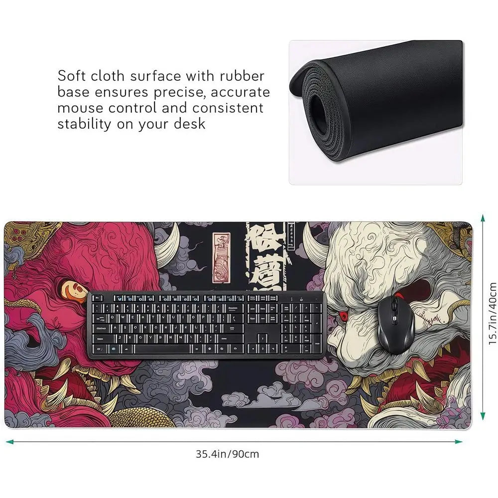 XXL Gaming Mouse Pad with Non-Slip Base, Waterproof & Stitched Edges, Japanese Demon Mask Design, 35.4x15.7 inches