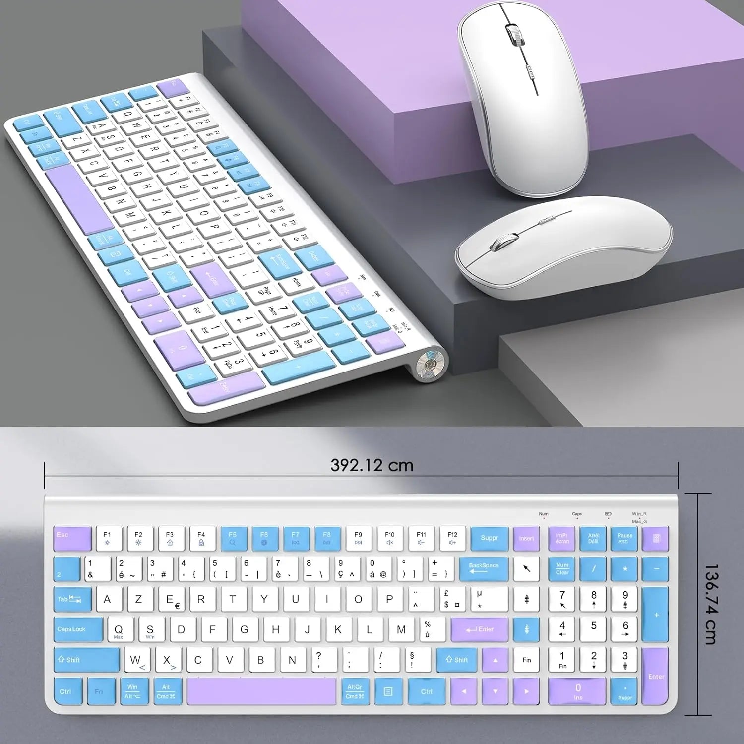 Ergonomic wireless keyboard and mouse, ultra-thin and compact design French AZERTY/ American QWERTY quiet,USB-A and USB-C ports.