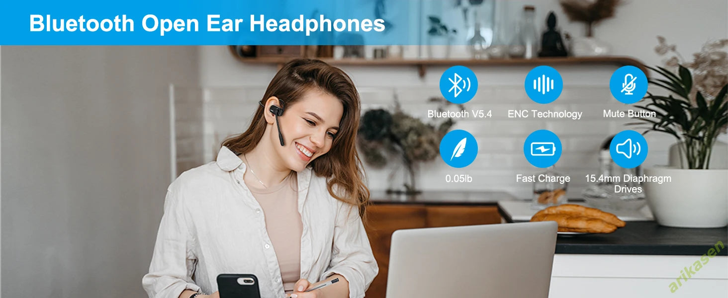 Bluetooth Headsets with Microphone Boom Noise Canceling Hands Free Call Open Ear Wireless Headphones Mute Button for Drivers Gym
