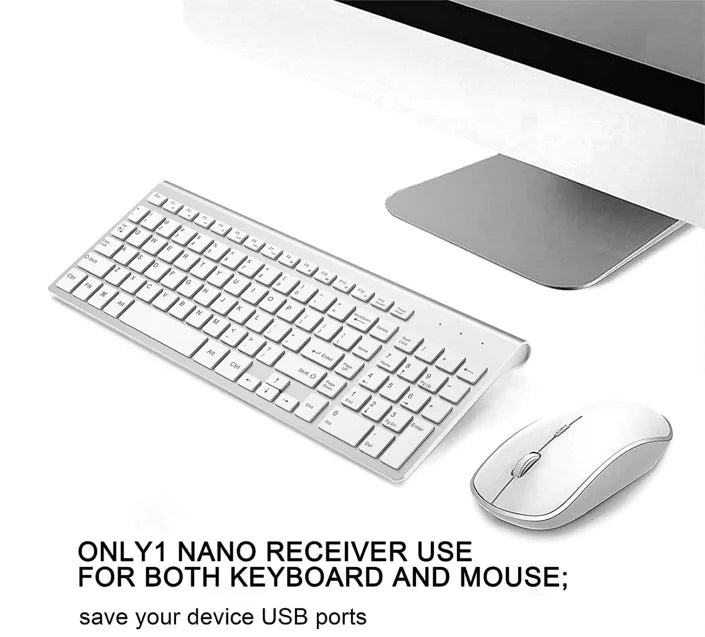 Wireless Keyboard Mouse Combo,U.S. Layout,2.4G USB Compact and Convenient, Slim, Portable Ergonomic, Silver White