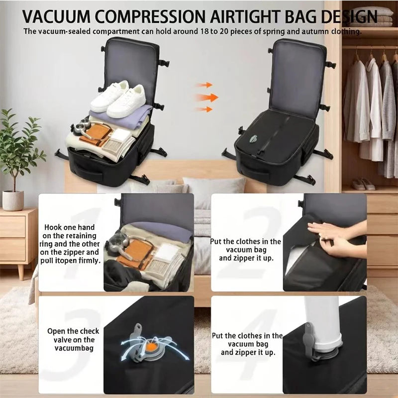 Vacuum-compressed Women's Multi-functional Backpack, Equipped with A Vacuum Pump and Smooth Zippers, Suitable for Business Trave