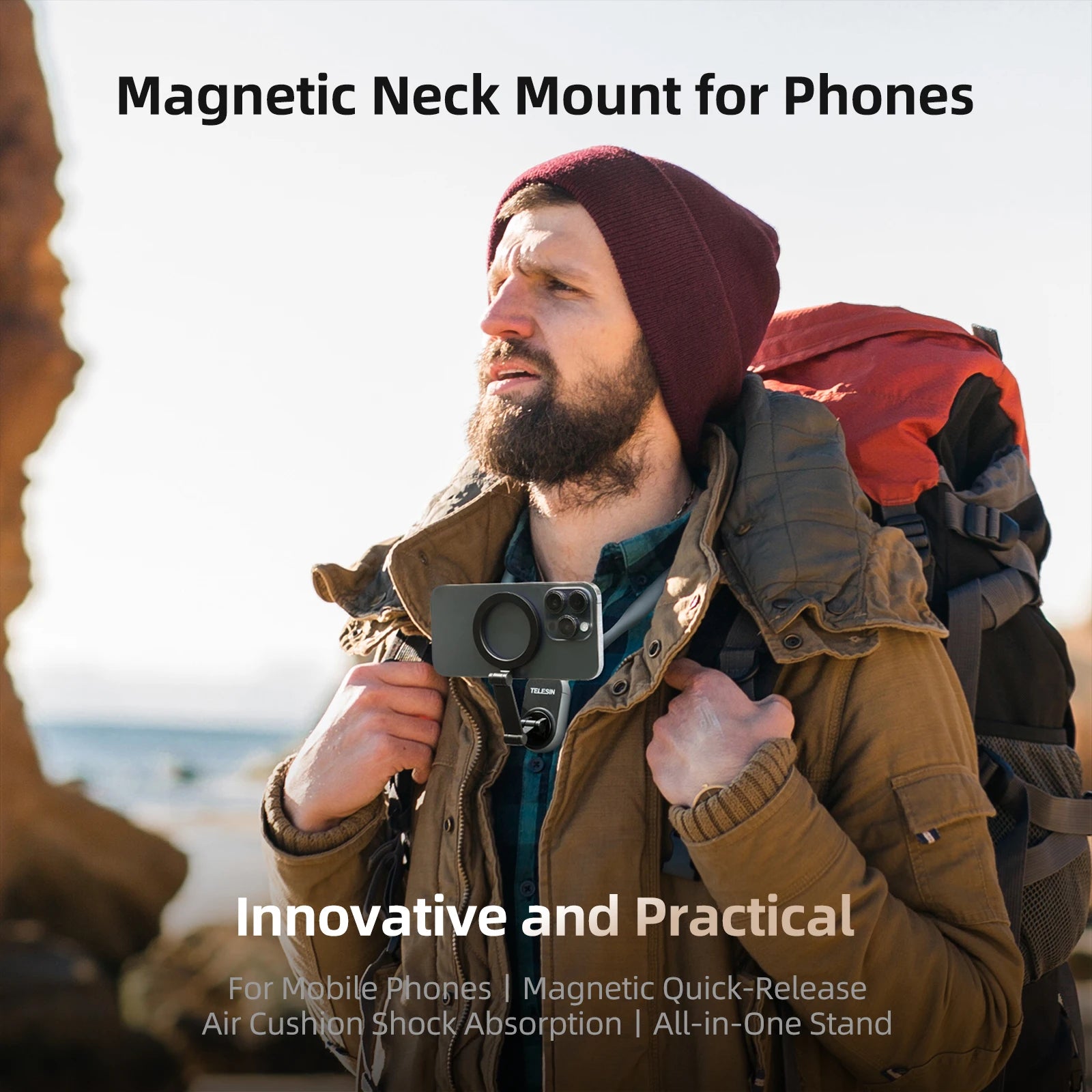 TELESIN Silicone Magnetic Neck Mount Quick Release Phone Stand Universal Compatible with iPhone MagSafe Samsung Huawei Xiaomi