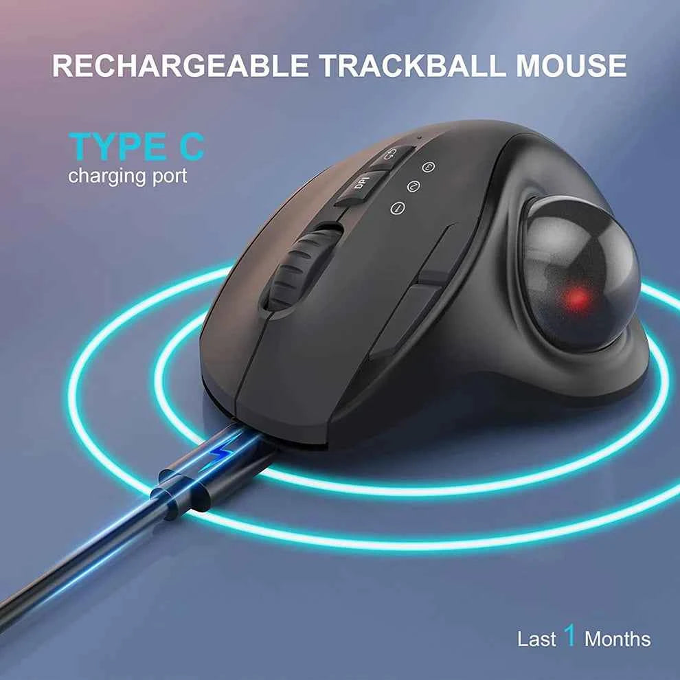 Jomaa Black 2.4G + Bluetooth Wireless Trackball Mouse Rechargeable Rollerball Mice Ergonomic Mice Thumb Control Mouse Gaming