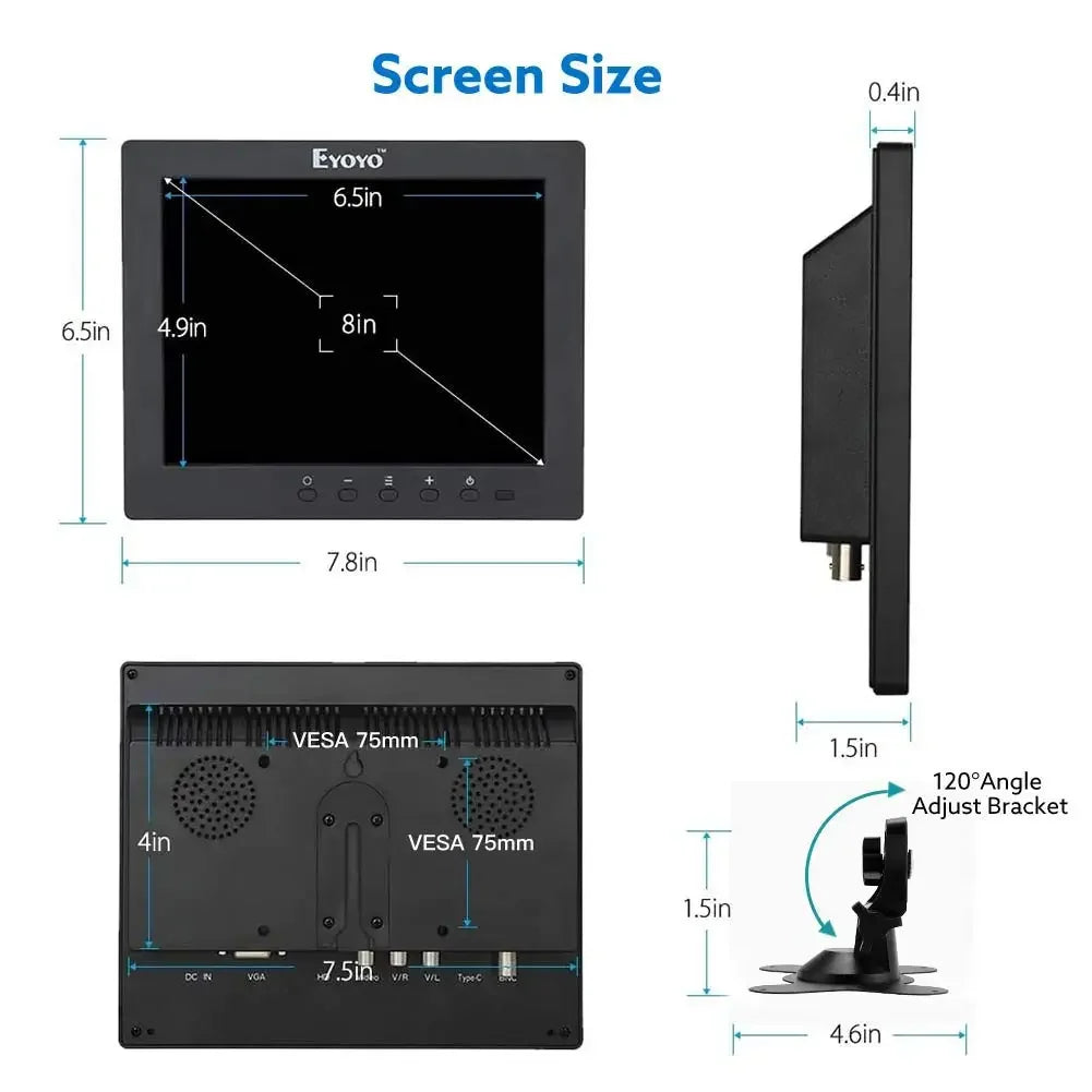 EYOYO Small 8 Inch HDMI Monitor With Speaker 1024x768 4:3 TFT HD LCD Screen HDMI VGA BNC AV YPbPr Input For Computer PC Laptop