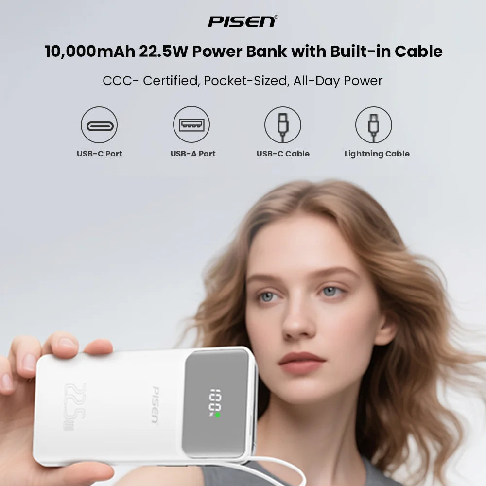 PISEN 3C Certified 22.5W Power Bank 10000mAh/ 20000mAh With Built-in Type C/L Cables Fast Charging Powerbank For iPhone Samsung