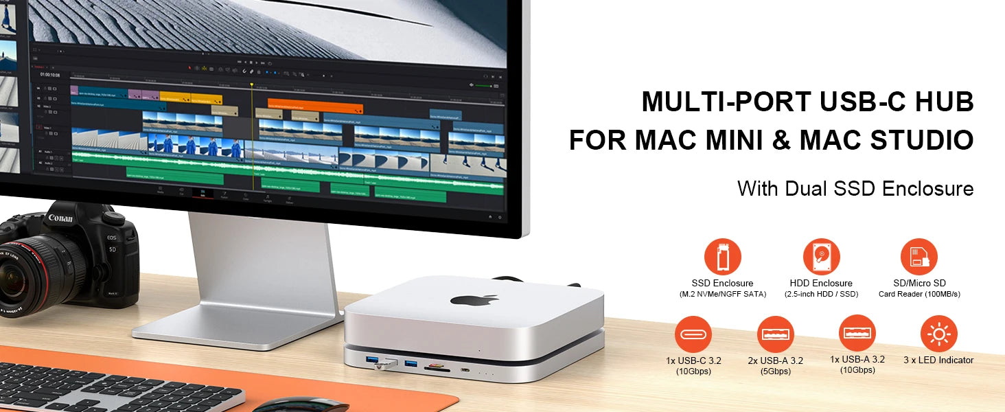 Qwiizlab USB C Hub for Mac Mini M2 M1 with Dual Drive Enclosure SATA NVMe M.2 SSD Type-C 10Gbps SD TF Card Reader Docking Staion