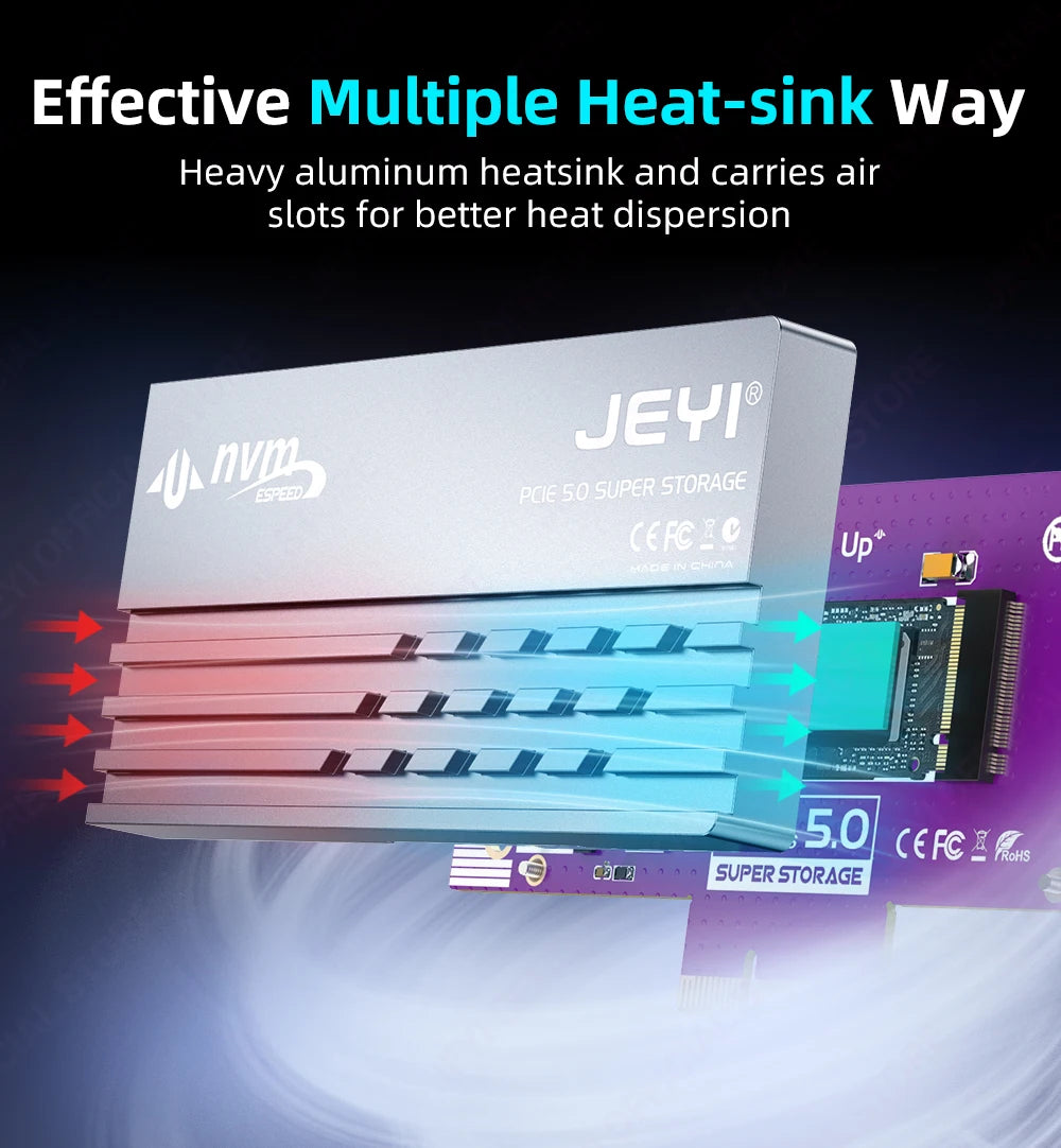 JEYI PCIe 5.0 to M.2 NVMe Adapter Card, High-Speed PCIe X4/X8/X16 to M2 SSD Converter with Cooling Heatsink for Gen5 SSD 128Gbps