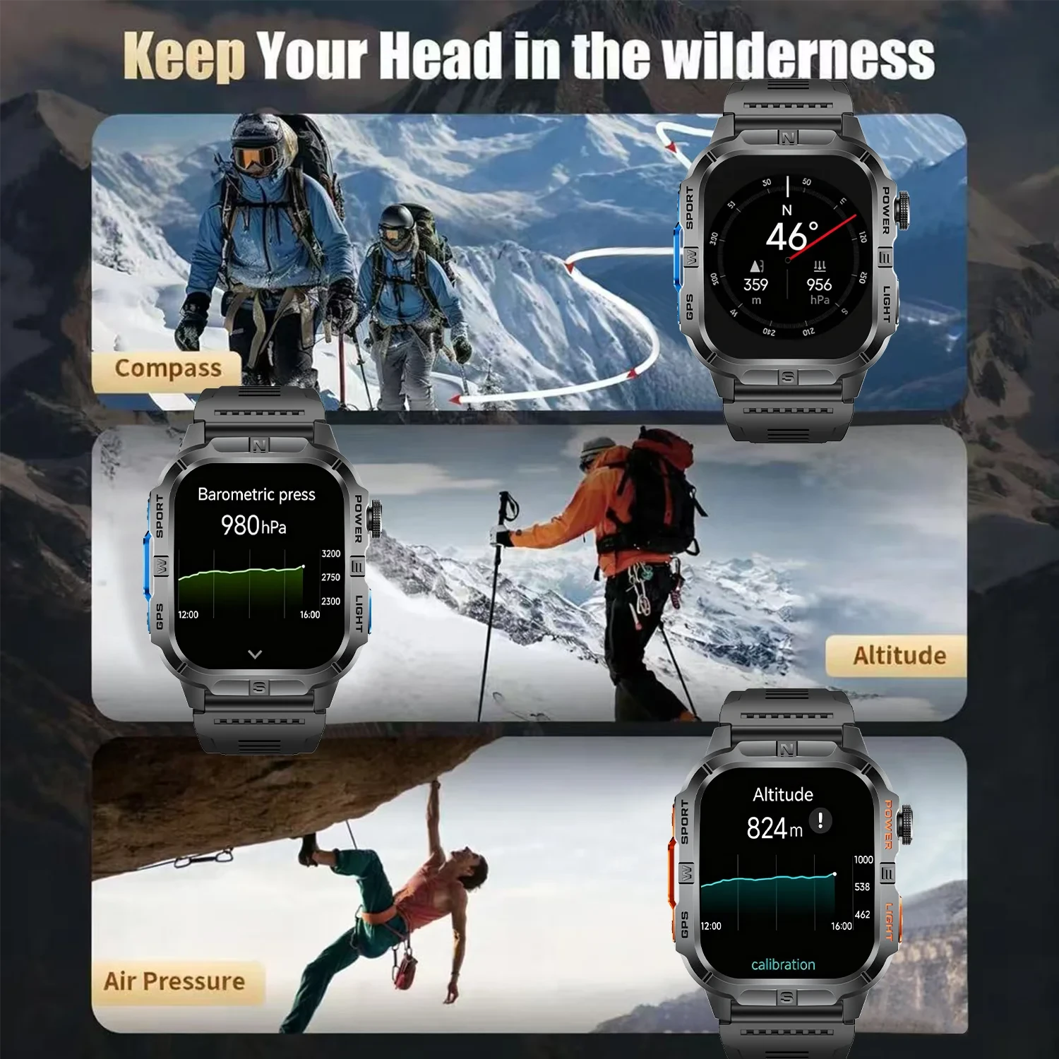 2.01-HD AMOLED GPS Smart Watch 3ATM Waterproof Built-in Dual-band GNSS Altitude Compass Military Sport Smartwatch Men 2025 New