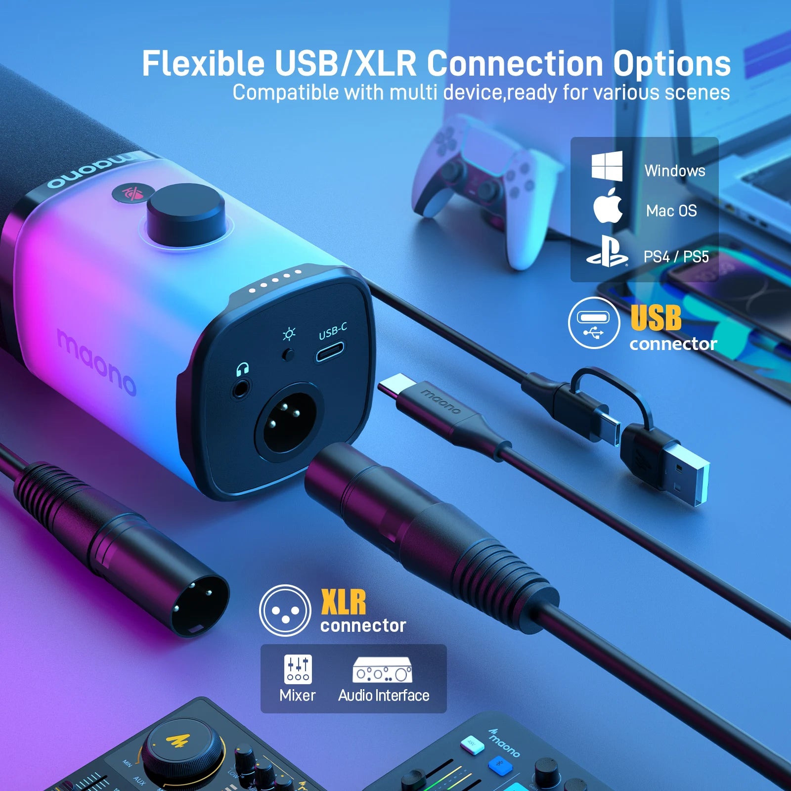 MAONO PD100X Gaming MIC, USB/XLR Dynamic Microphone with Noise Reduction, Mute, Headphone Jack, RGB MIC for Gamer Streaming Podcast - WinSupport Tech