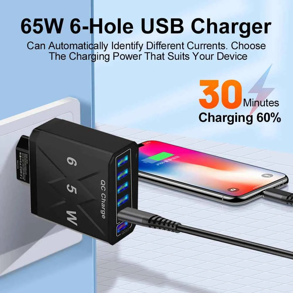 6 Ports USB Charger Fast Charging QC3.0 Travel Charger For iPhone17 16 Samsung Xiaomi Vivo Mobile Phone Adapter EU US UK Plug