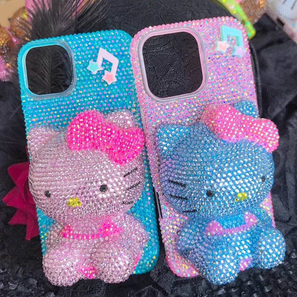 Christmas Hello Kitty Rhinestone Crystal Phone Case Chain For iPhone17 16 15 14 13 12 11Pro Max X Xs XR 7 8 Plus Transparent