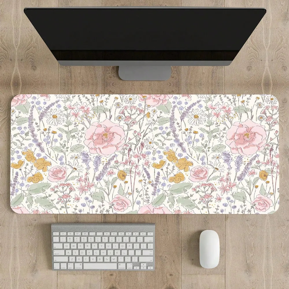 1pc Cute Floral Desk Mat Pink Flowers Plant Mouse Pad XXL Large Extended Gaming Mousepad Women Office Decor Desk Pad, Big Laptop Computer Keyboard And Mouse Mat