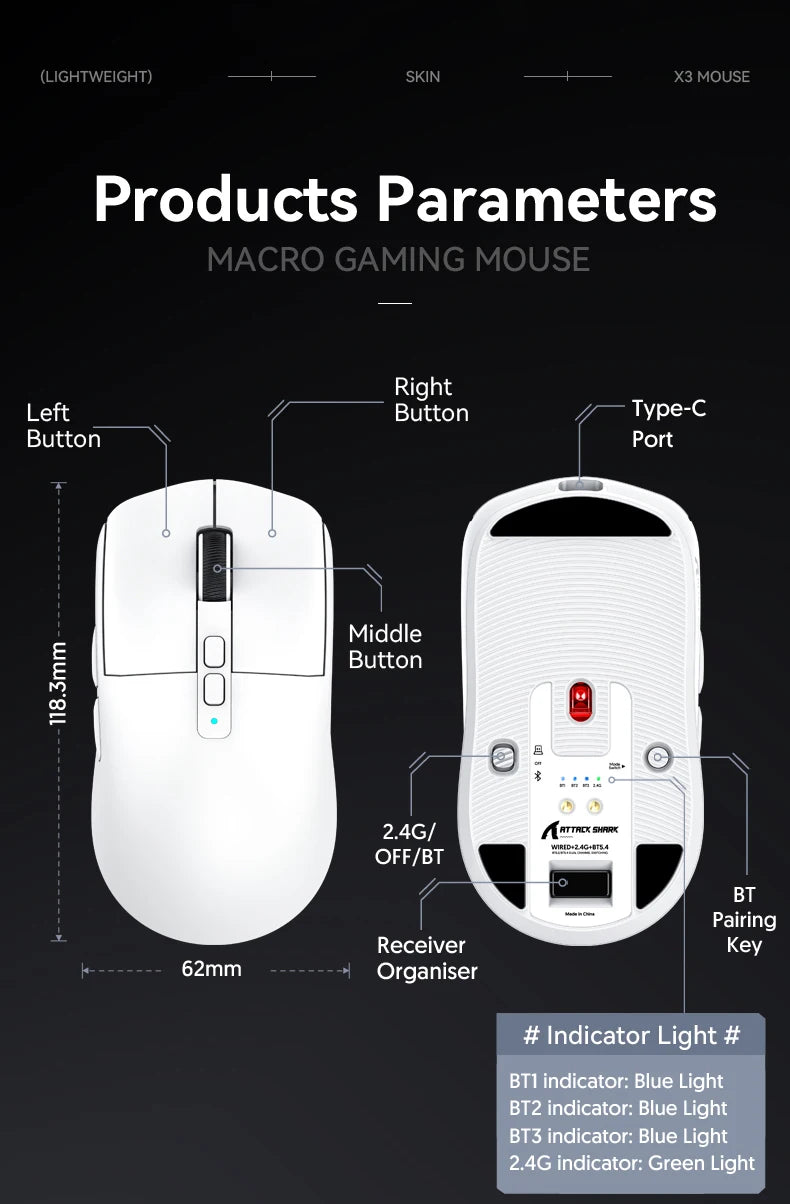 ATTACK SHARK X6 Wireless Macro Gaming Mouse PAW3395 26000 DPI Tri-Mode Wired/2.4G/BT5.2 Connection Magnetic Charging Base Mouse