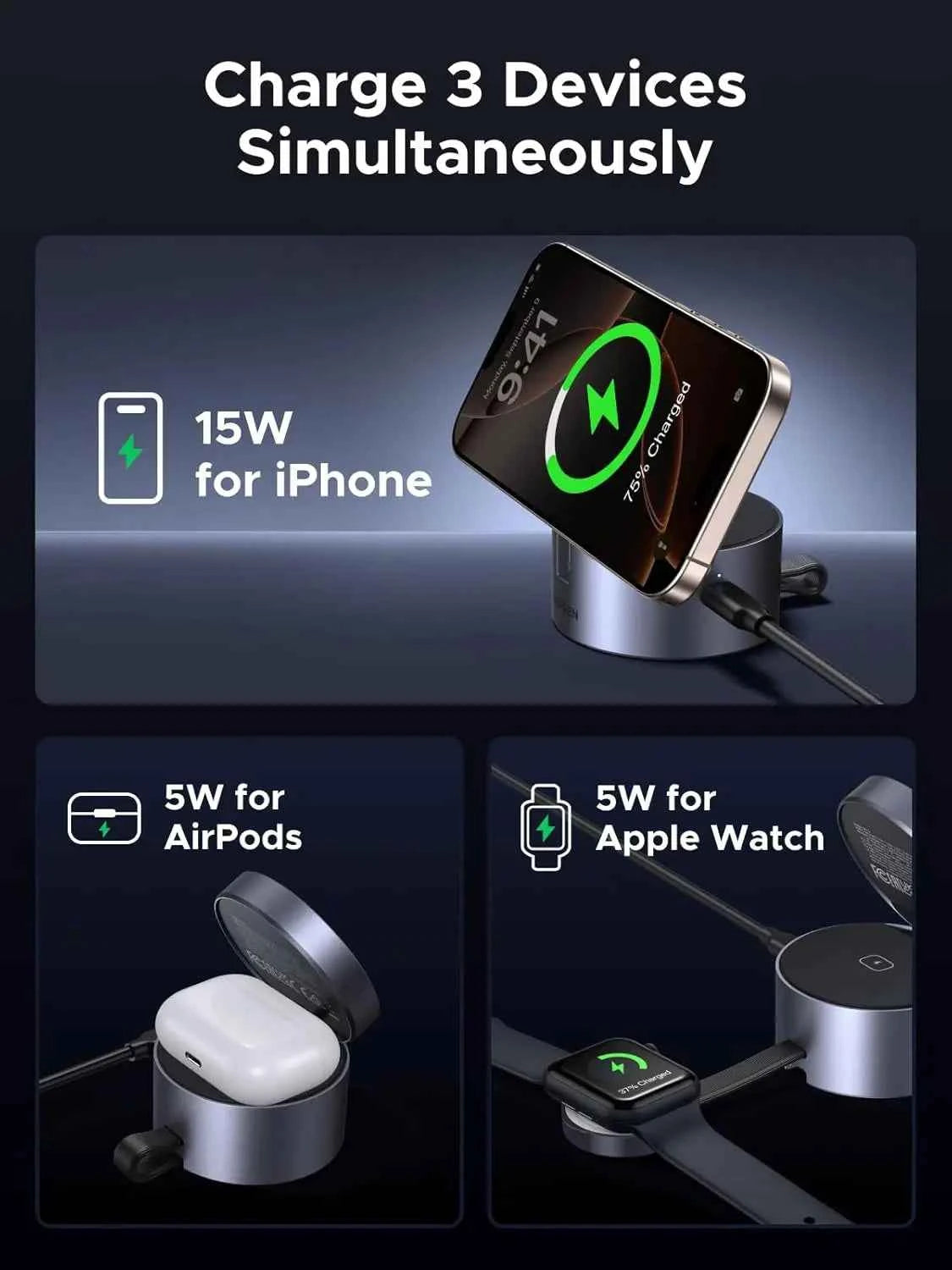 Qi2 15W 3-in-1 Magnetic Foldable Wireless Charger for iPhone, Apple Watch, AirPods, Travel-Friendly