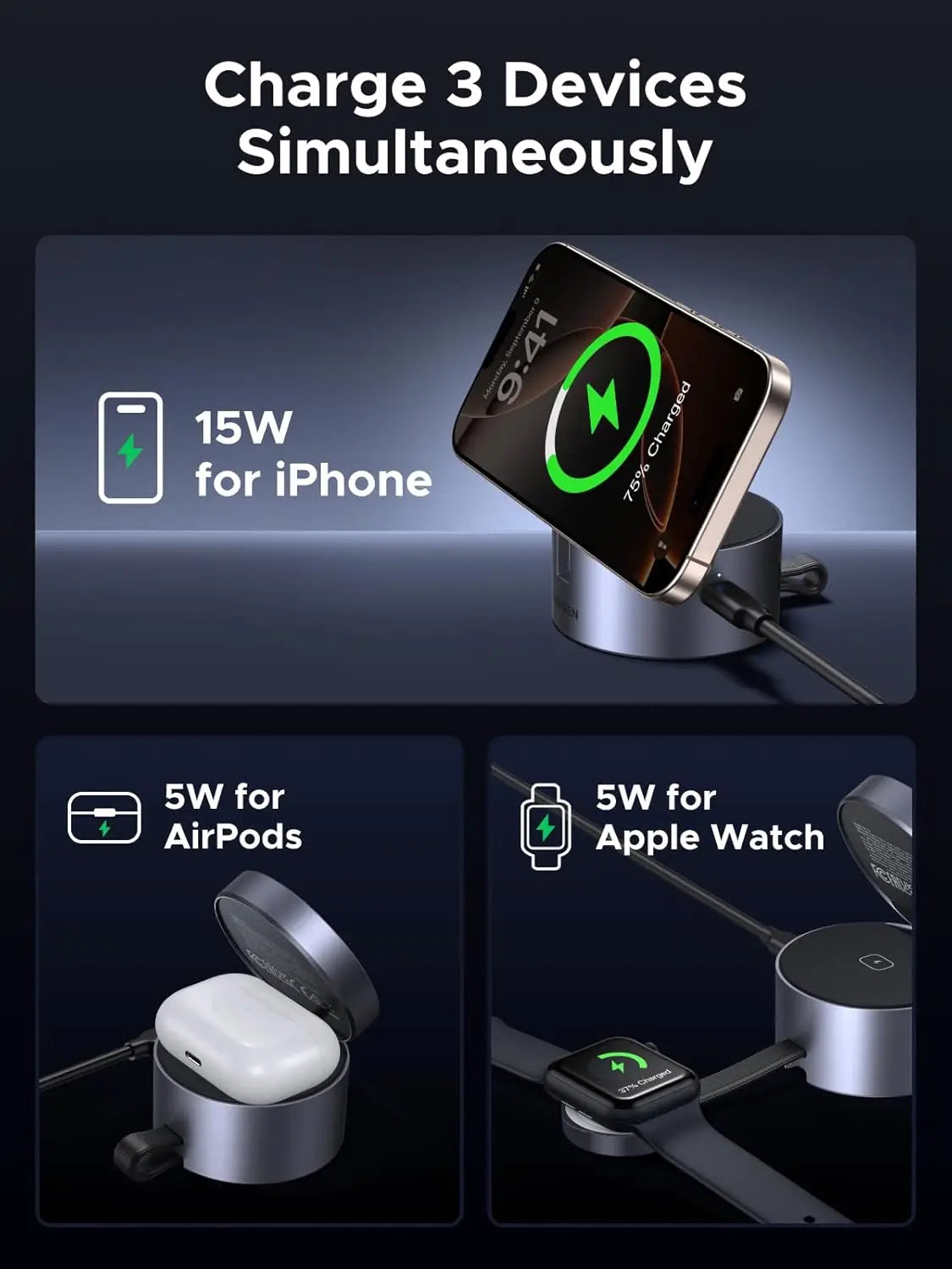 Qi2 15W 3-in-1 Magnetic Foldable Wireless Charger for iPhone, Apple Watch, AirPods, Travel-Friendly