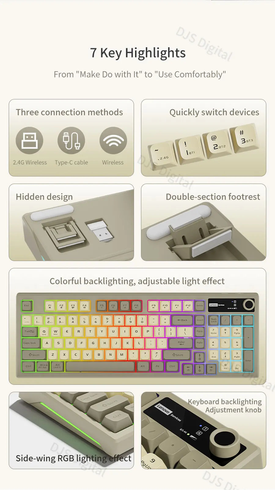 Lenovo K280 Tri-Mode Wireless Multi-Device Switching Keyboard Ergonomic Design Rgb Light Gaming Keyboard for Pc Laptop Desktop