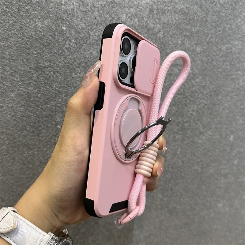 Armor Magnetic Bracket Case for iPhone 16e 16 14 13 12 11 15 Pro Max Plus With Lanyard Slide Camera Protection Shockproof Cover