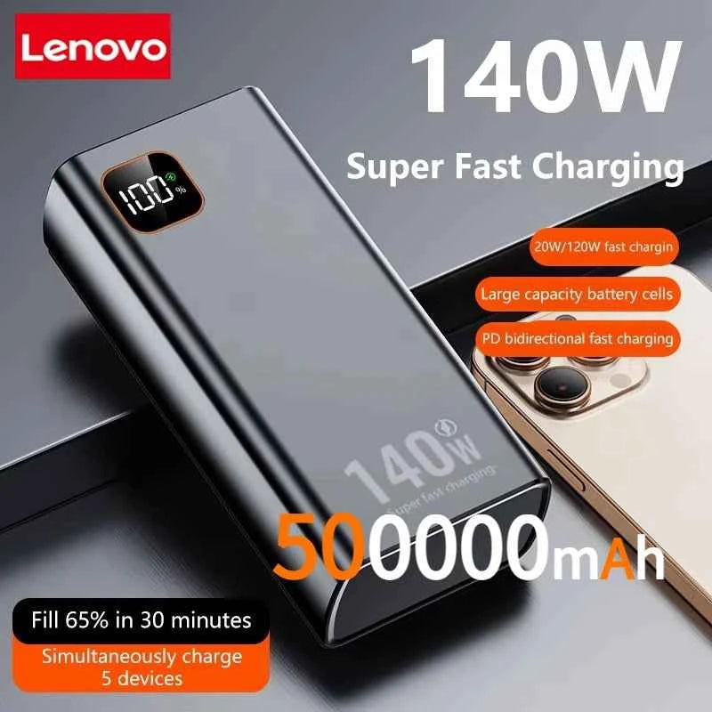 Lenovo 500000mAh 140W Ultra Capacity Power Bank Super Fast Charging Portable Battery Charger For IPhone For Samsung 2026