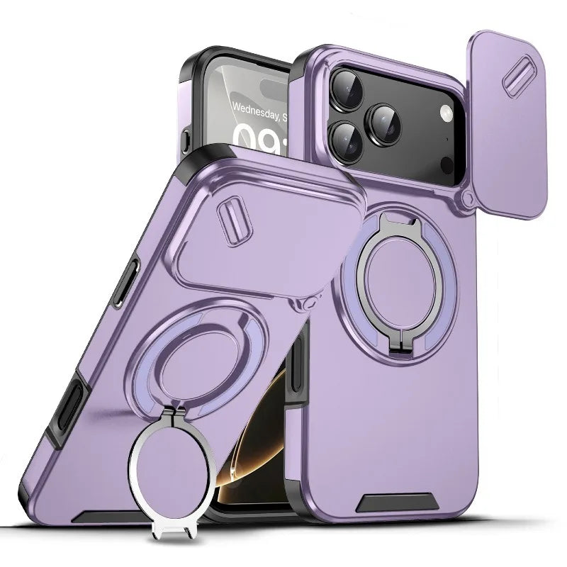 Luxury Heavy Duty Rugged Armor Magnetic Bracket Case For iPhone 17Air 16 15 14 17 Pro Max Plus Slide Camera Protection PC Cover