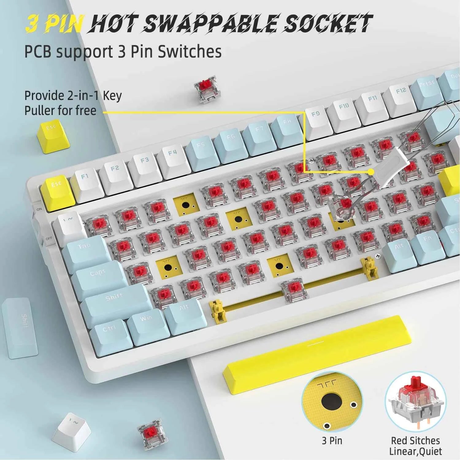 K96 Wireless Mechanical Keyboard, Dual Mode 2.4G/BT5.0 2-in-1 Receiver, 100 Keys Hot Swappable Red Switches Gamin