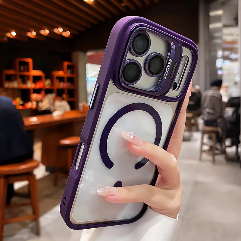 Luxury Matte Translucent Armor Shockproof For Magsafe Bracket Case For iPhone 17 16 15 14 13 12 Pro Max 17 Wireless Charge Cover