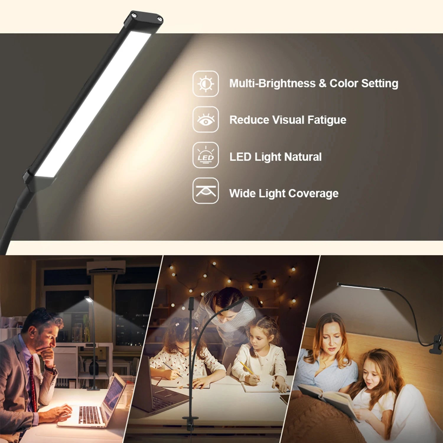 LED Desk Lamp Double/Single Head Reading Table Lamp With Clip Dimmable Brightness For Home Study Office Lighting PC Eye Protect