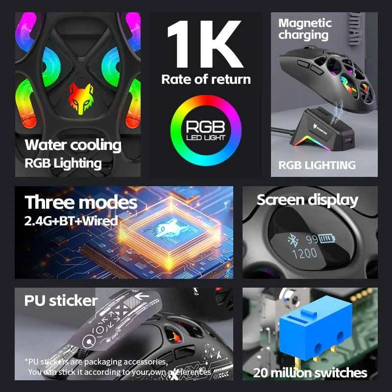 XUNFOX H16PRO Mouse, lightweight S205, three-mode wireless Bluetooth mouse for gaming, charging, RGB lighting, suitable for P