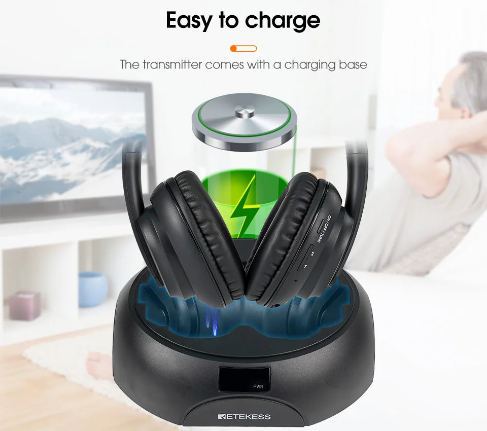 Retekess Wireless Headphone TA006 TV Watching Rechargeable Wireless Earphone with Transmitter Support Coaxial Fiber 3.5 AUX RCA