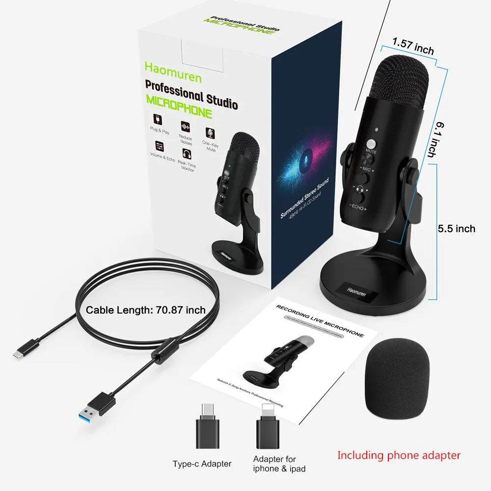 Haomuren USB Microphone for PC Mac Gaming Recording Stream Podcast, Computer Condenser Mic with Phone Adapter Headphone Output - WinSupport Tech