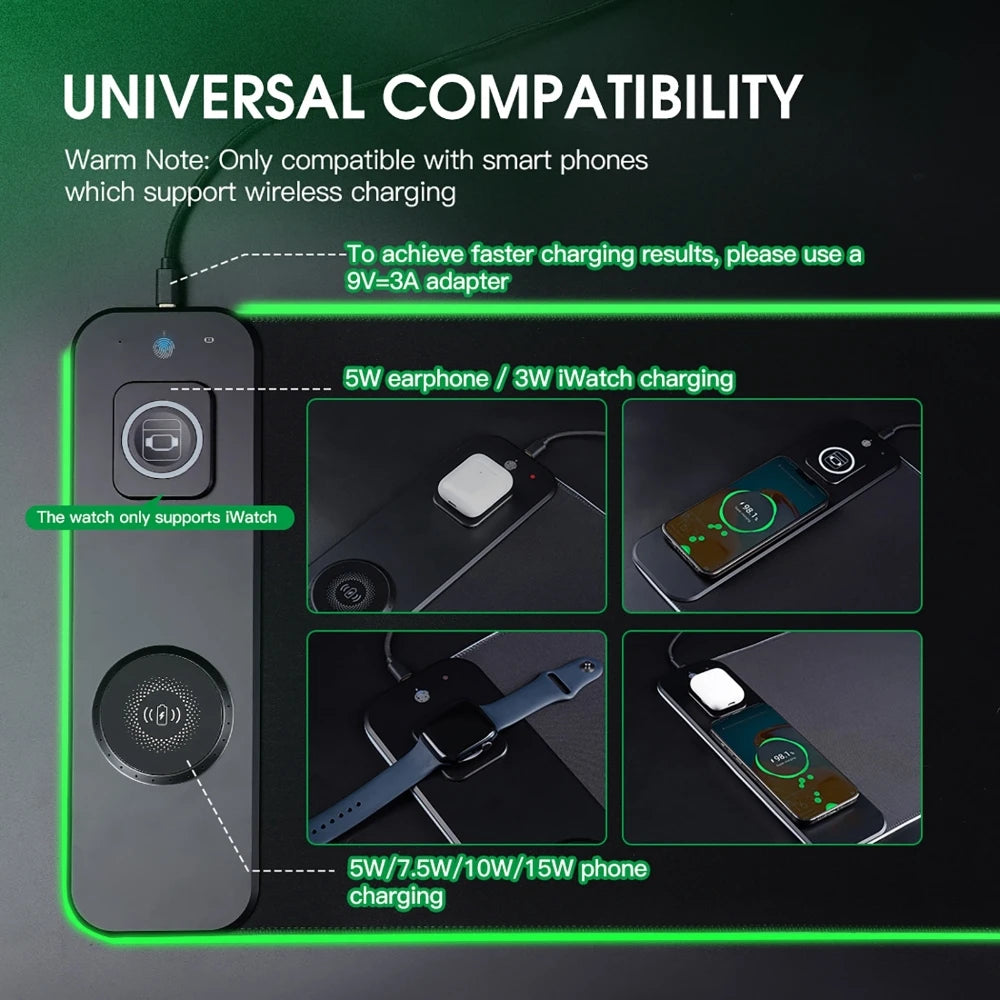 3 IN 1 Mouse Pad Magnetic Wireless Charging for Mobile Phone, Watch, Headphone RGB Lighting Desk Mat Gaming Mousepad 80x30cm