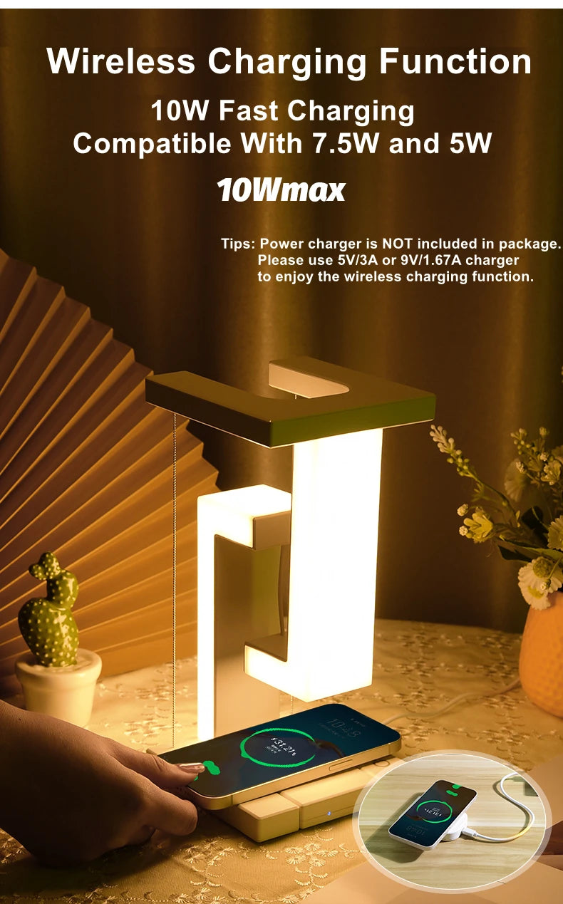 Floating Desk Lamp With Wireless Charger, USB Output Charging Port, Charging Dock Station For iPhone, Bedside Lamp Table Lamp