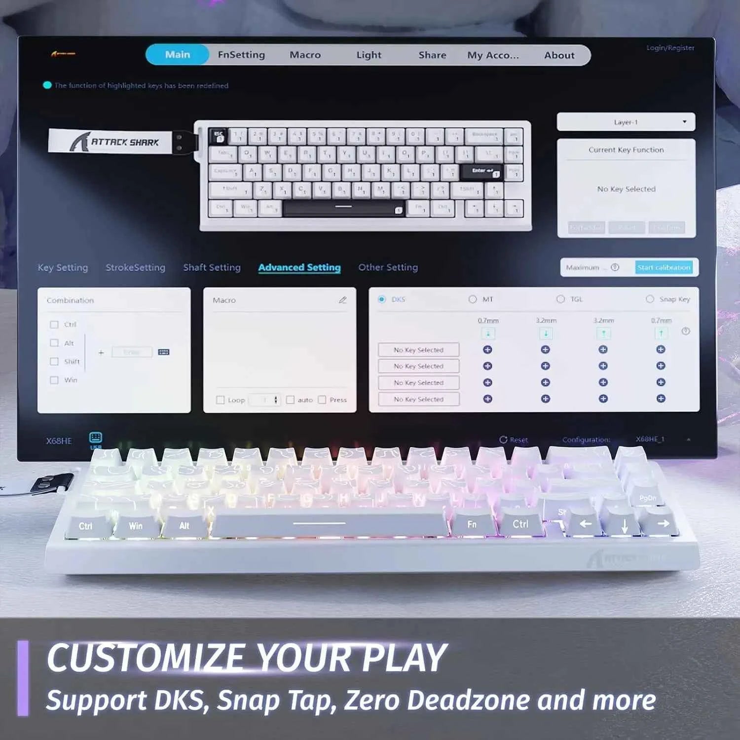 ATTACK SHARK X68 HE Rapid Trigger Mechanical Gaming Keyboard 60% Wired with Adjustable Actuation,Hall Effect Magnetic Switch,8KH