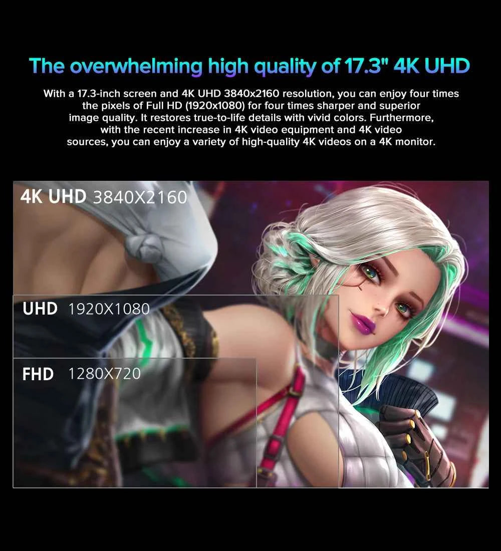 EVICIV 17.3'' 4K Portable Monitor 500 Nits 100% AdobeRGB UHD FreeSync HDR IPS Speakers Eye Care External Screen for Laptop PC Xb
