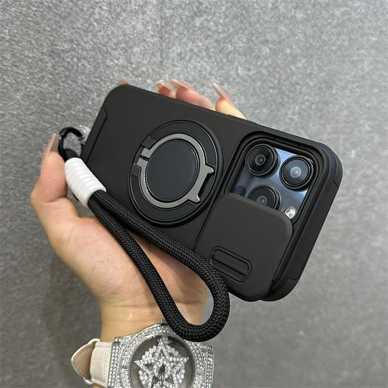 Armor Magnetic Bracket Case for iPhone 16e 16 14 13 12 11 15 Pro Max Plus With Lanyard Slide Camera Protection Shockproof Cover