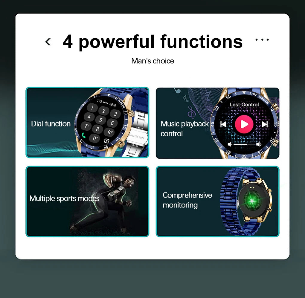 LIGE Men's Fashion Smart Watch Full Touch Bluetooth Call Waterproof Sport Fitness Tracker Luxury Steel Band Smartwatch for Adults