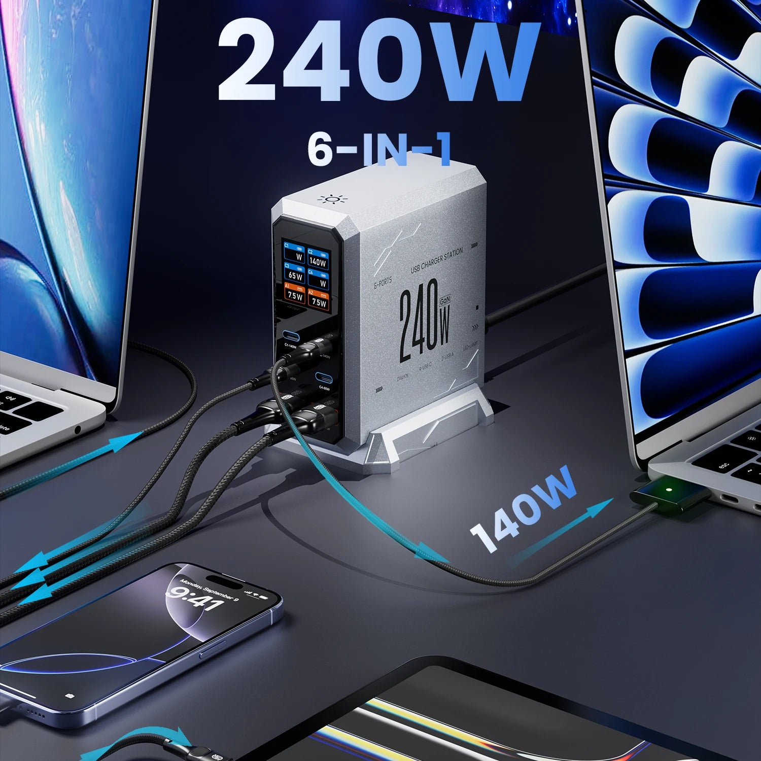 240W GaN Charger 6-IN-1 140W PD3.1 PPS USB Type C Digital Display Fast Charging Station for iPhone 16 15 MacBook Laptops Samsung