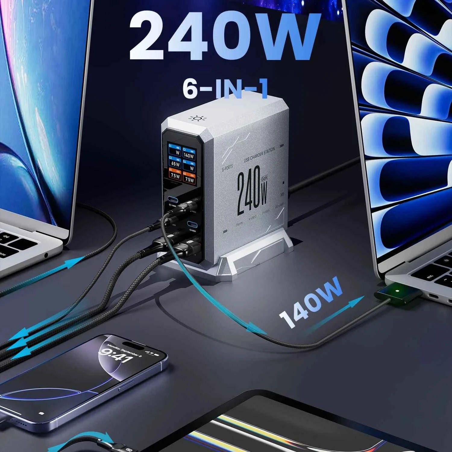 240W Digital GaN Charger PD3.1 140W USB Type C 6 Ports Desktop Fast Charging Station for IPhone Samsung Xiaomi MacBook Laptops