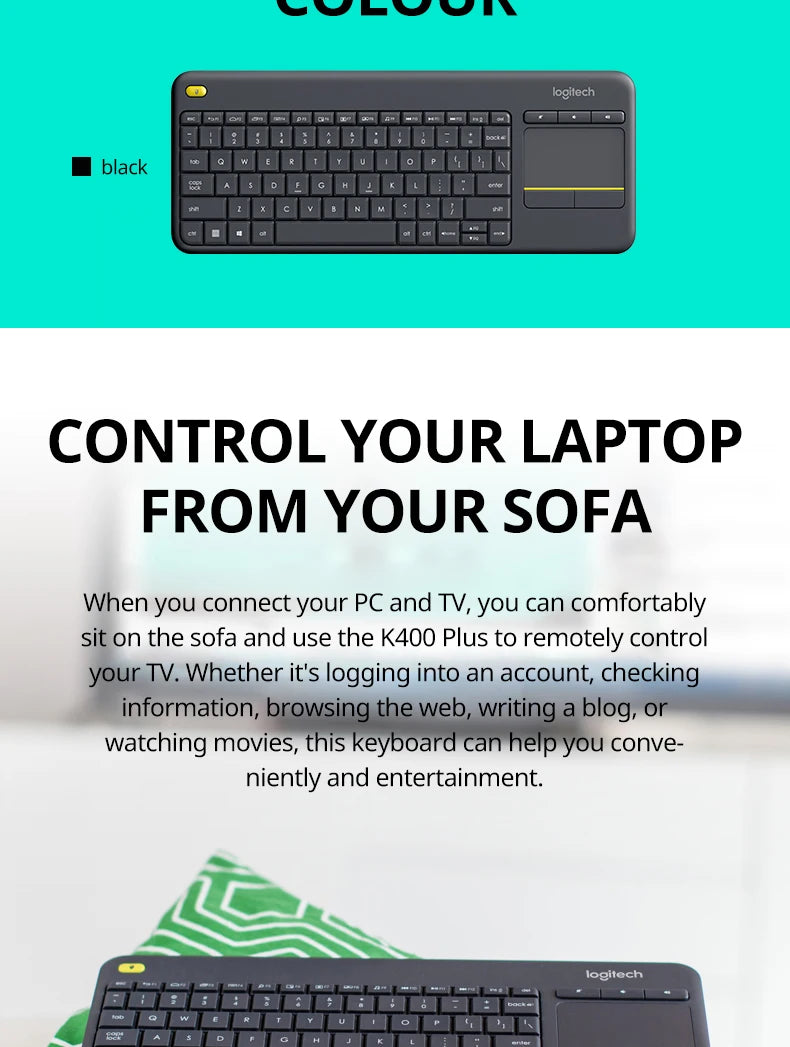 Logitech K400 Plus Wireless Keyboard Touchpad TV Compatible Long Battery Life for Windows Android TV